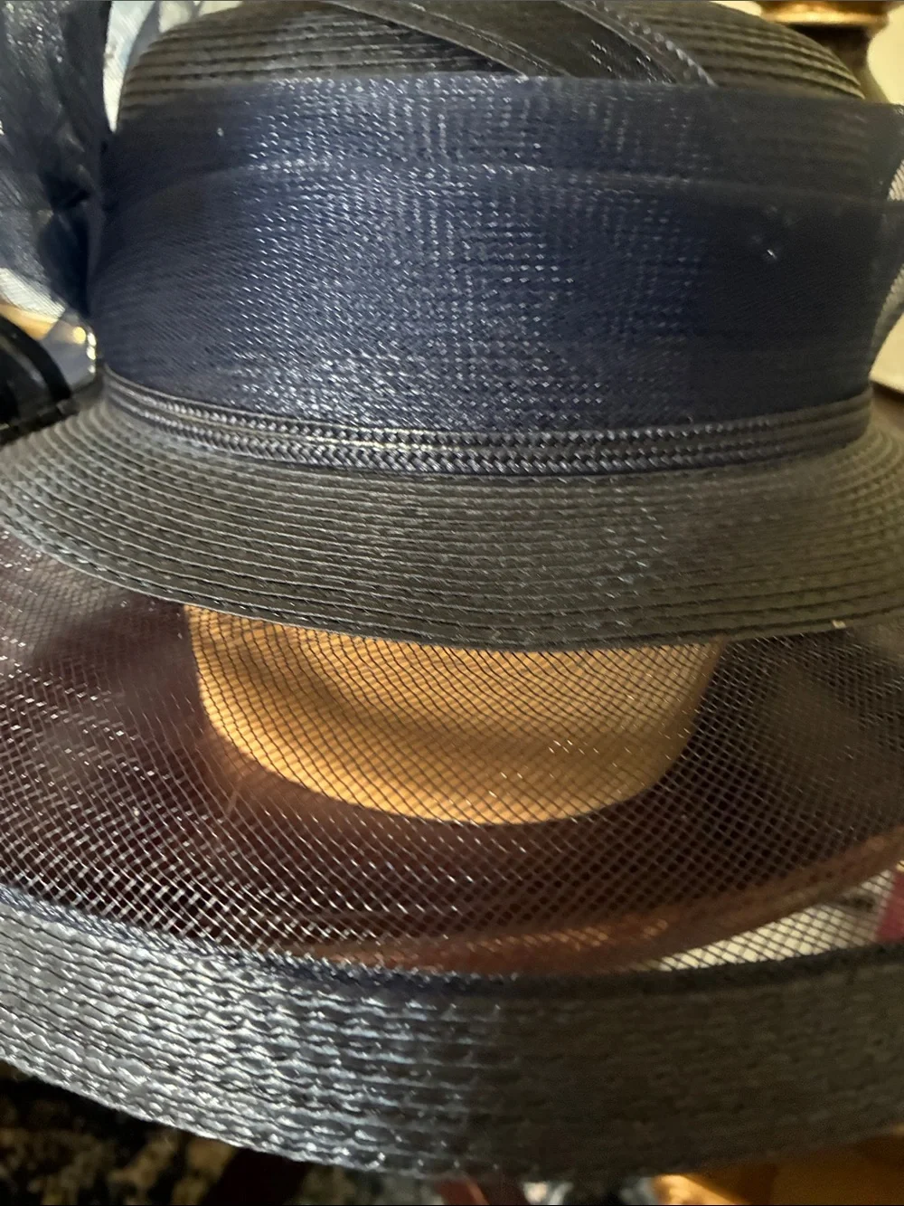 Navy Mesh Fascinator / British Royalty Style with Rhinestone Trim